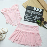 Ensemble corset rose semi-transparent en dentelle avec armatures, haut tube, gilet court, mini jupe ultra courte à double épaisseur